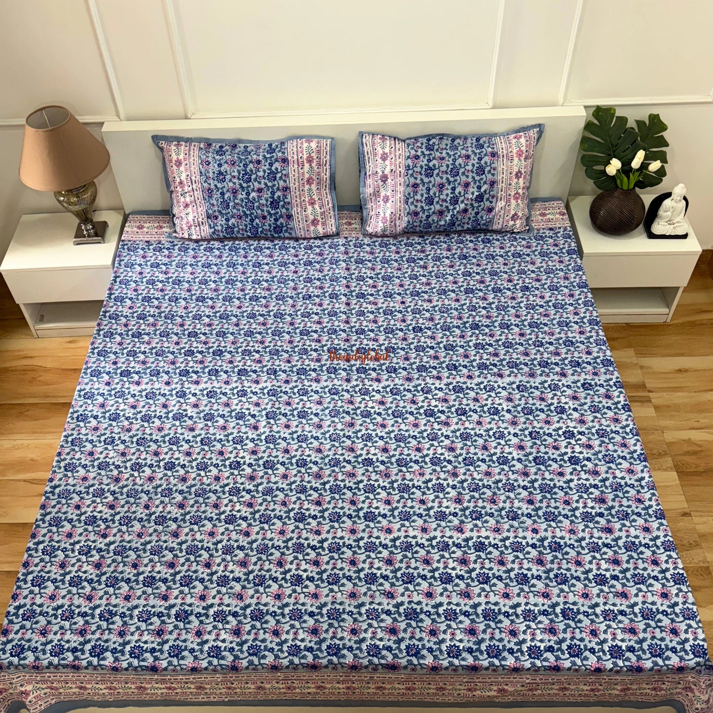 Ramya Hand Block Soft Cotton Bedsheet with 2 Pillow Covers 90*108 inches Blue