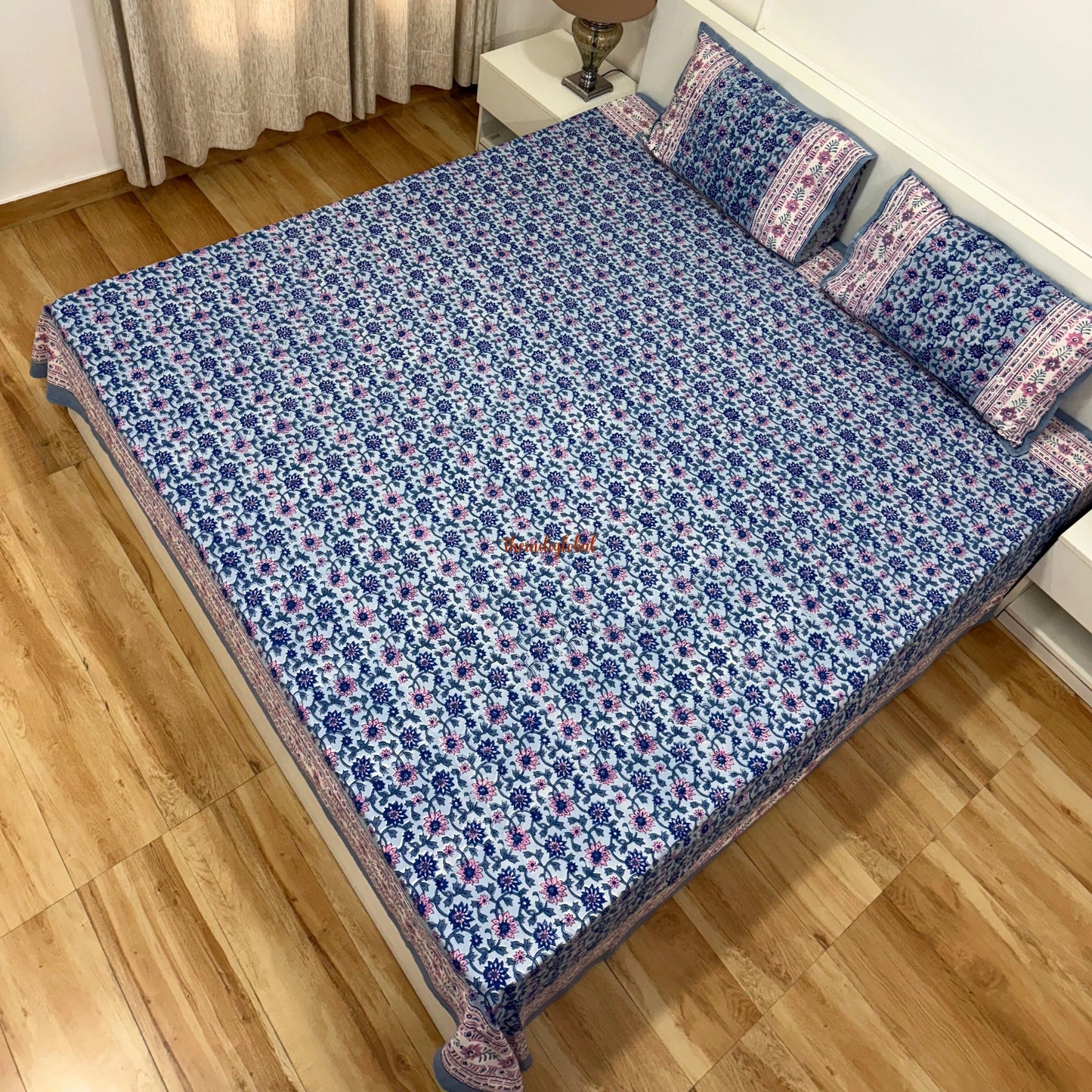 Ramya Hand Block Soft Cotton Bedsheet with 2 Pillow Covers 90*108 inches Blue