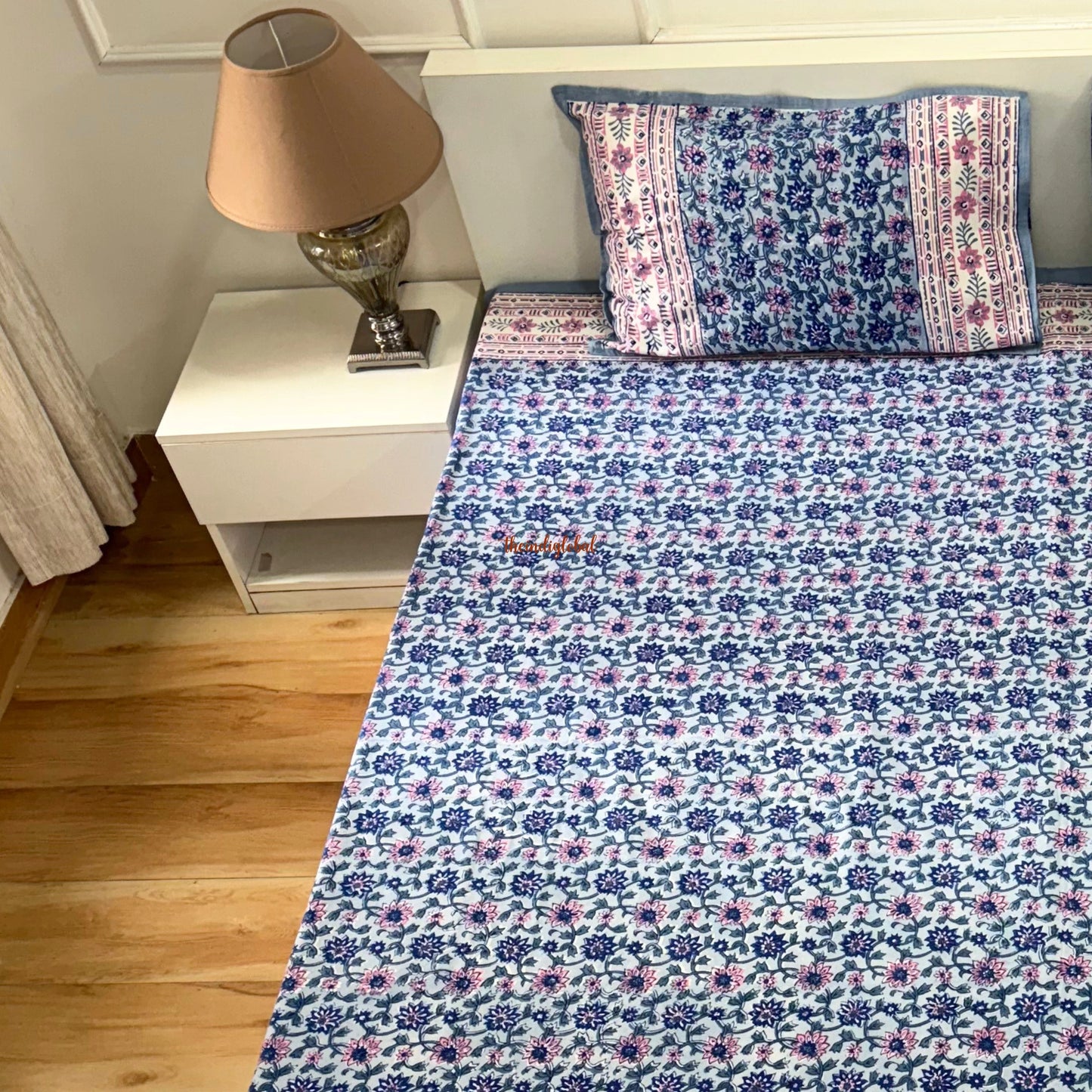 Ramya Hand Block Soft Cotton Bedsheet with 2 Pillow Covers 90*108 inches Blue