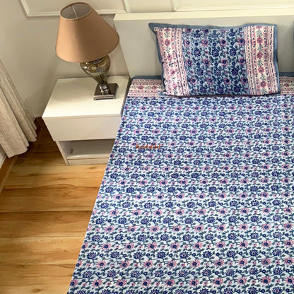 Ramya Hand Block Soft Cotton Bedsheet with 2 Pillow Covers 90*108 inches Blue