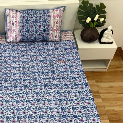Ramya Hand Block Soft Cotton Bedsheet with 2 Pillow Covers 90*108 inches Blue