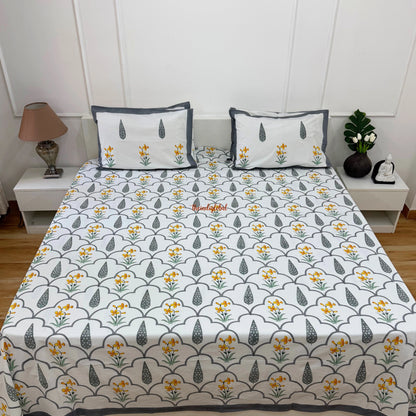 Ramya Hand Block Soft Cotton Bedsheet with 2 Pillow Covers Grey