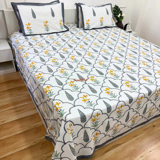 Ramya Hand Block Soft Cotton Bedsheet with 2 Pillow Covers Grey