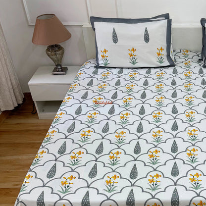Ramya Hand Block Soft Cotton Bedsheet with 2 Pillow Covers Grey