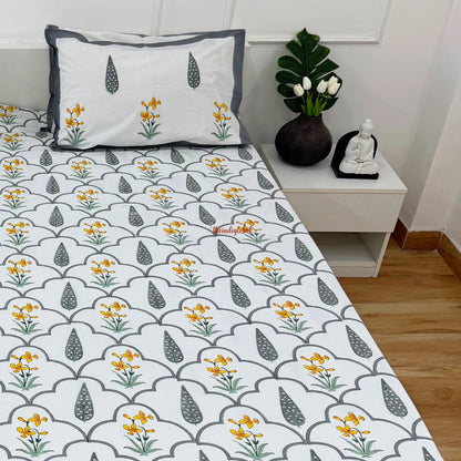 Ramya Hand Block Soft Cotton Bedsheet with 2 Pillow Covers Grey