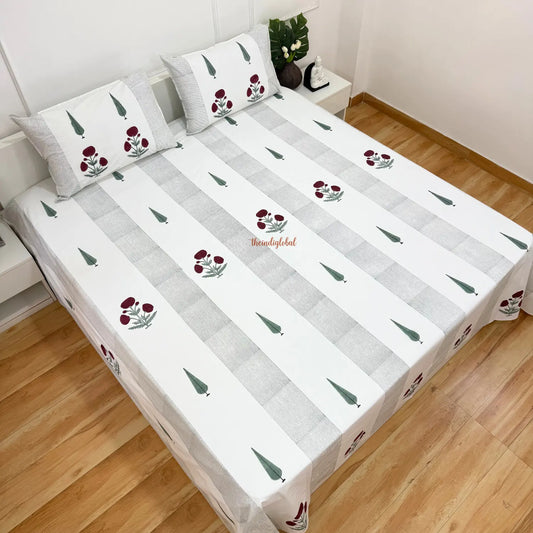 Ramya Hand Block Soft Cotton Bedsheet with 2 Pillow Covers 108*108 inches Gulab