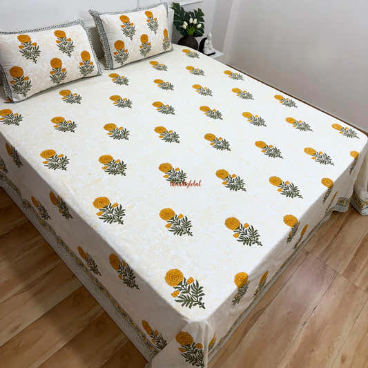 Ramya Hand Block Soft Cotton Bedsheet with 2 Pillow Covers Marigold Orange
