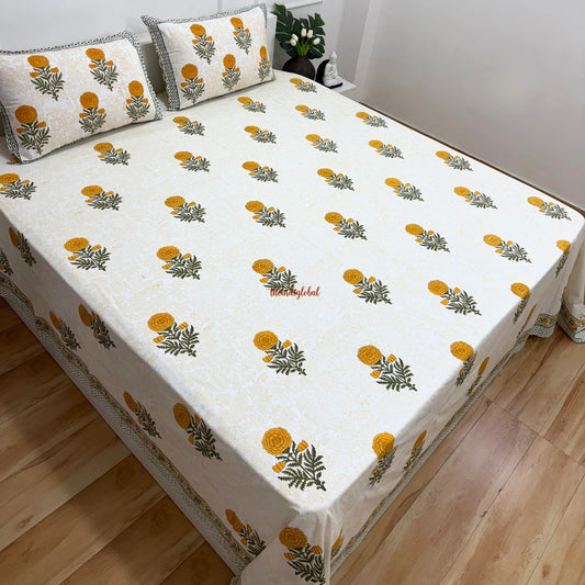 Ramya Hand Block Soft Cotton Bedsheet with 2 Pillow Covers Marigold Orange