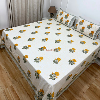 Ramya Hand Block Soft Cotton Bedsheet with 2 Pillow Covers Marigold Orange