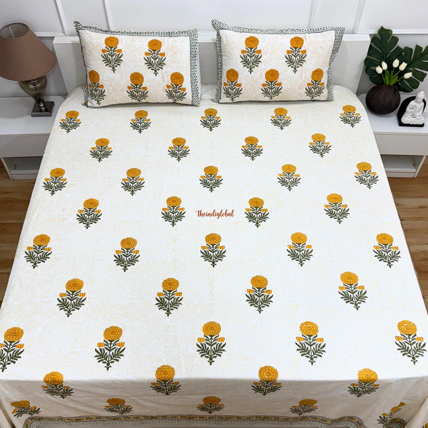 Ramya Hand Block Soft Cotton Bedsheet with 2 Pillow Covers Marigold Orange