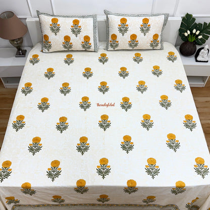Ramya Hand Block Soft Cotton Bedsheet with 2 Pillow Covers Marigold Orange