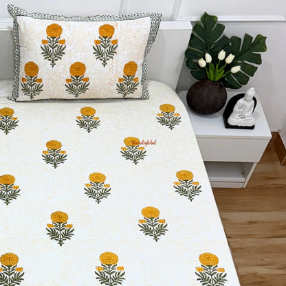 Ramya Hand Block Soft Cotton Bedsheet with 2 Pillow Covers Marigold Orange