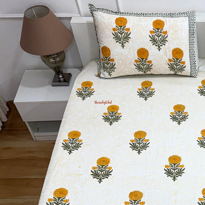 Ramya Hand Block Soft Cotton Bedsheet with 2 Pillow Covers Marigold Orange