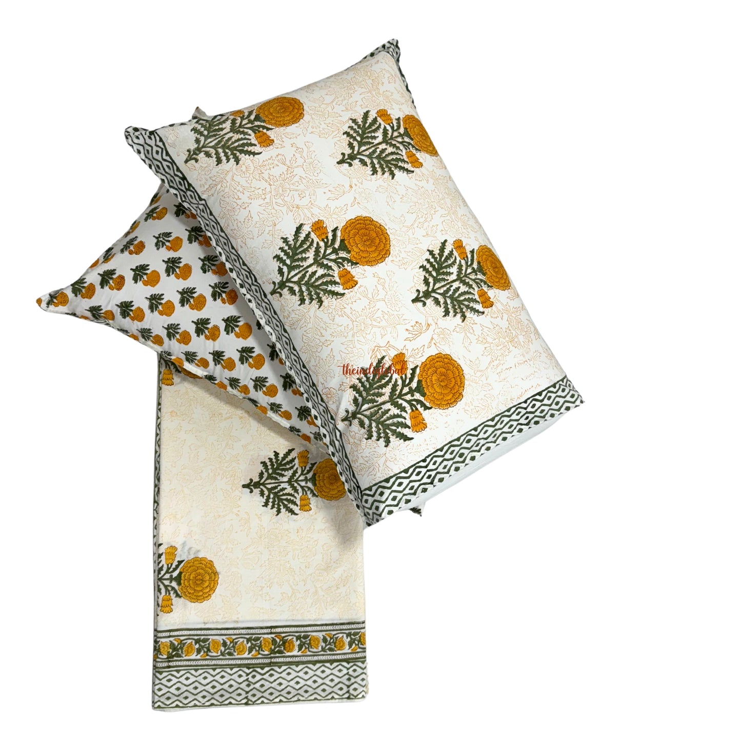 Ramya Hand Block Soft Cotton Bedsheet with 2 Pillow Covers Marigold Orange