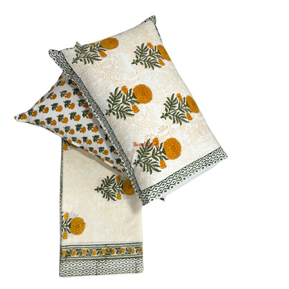 Ramya Hand Block Soft Cotton Bedsheet with 2 Pillow Covers Marigold Orange