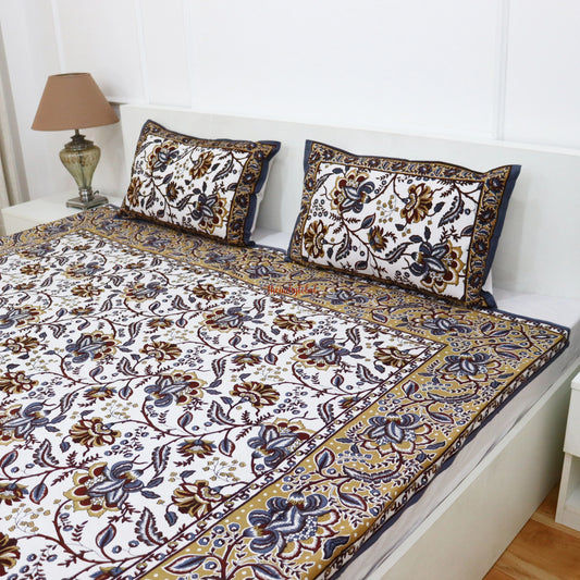 Hand Block Cotton Bedsheet with 2 Pillow Covers Double Bed size Mustard Purple