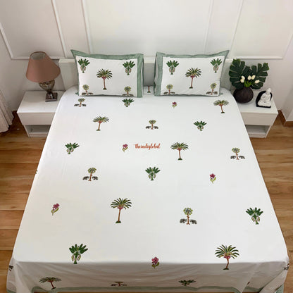 Ramya Hand Block Soft Cotton Bedsheet with 2 Pillow Covers Palm Green