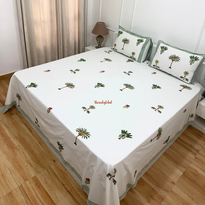 Ramya Hand Block Soft Cotton Bedsheet with 2 Pillow Covers Palm Green