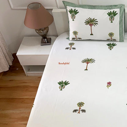Ramya Hand Block Soft Cotton Bedsheet with 2 Pillow Covers Palm Green