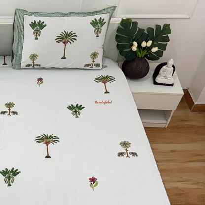 Ramya Hand Block Soft Cotton Bedsheet with 2 Pillow Covers Palm Green