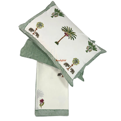 Ramya Hand Block Soft Cotton Bedsheet with 2 Pillow Covers Palm Green