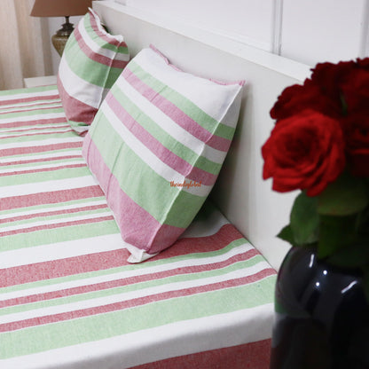Handloom Cotton Bedsheet with Pillow Covers Pink Green