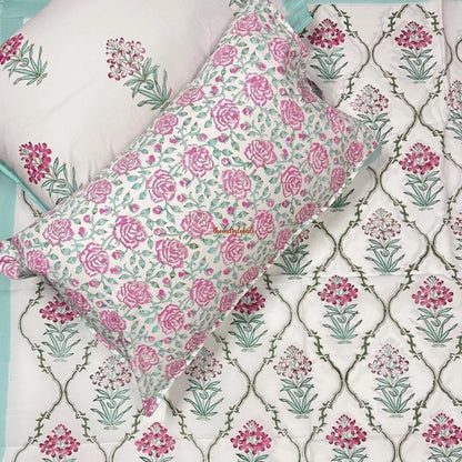 Ramya Hand Block Soft Cotton Bedsheet with 2 Pillow Covers Sky Blue