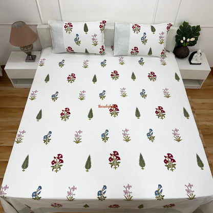 Ramya Hand Block Soft Cotton Bedsheet with 2 Pillow Covers 108*108 inches White