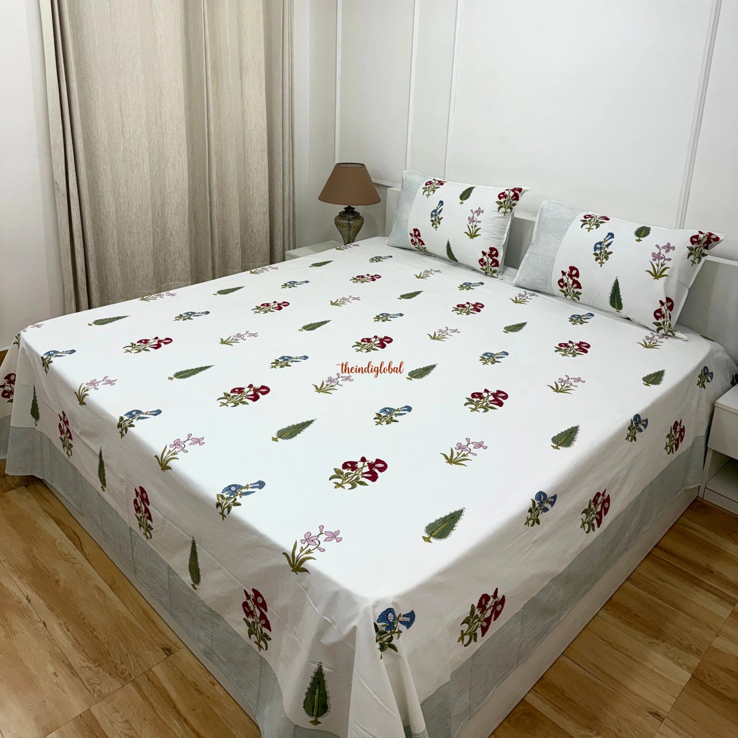 Ramya Hand Block Soft Cotton Bedsheet with 2 Pillow Covers 108*108 inches White