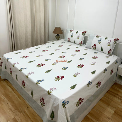 Ramya Hand Block Soft Cotton Bedsheet with 2 Pillow Covers 108*108 inches White