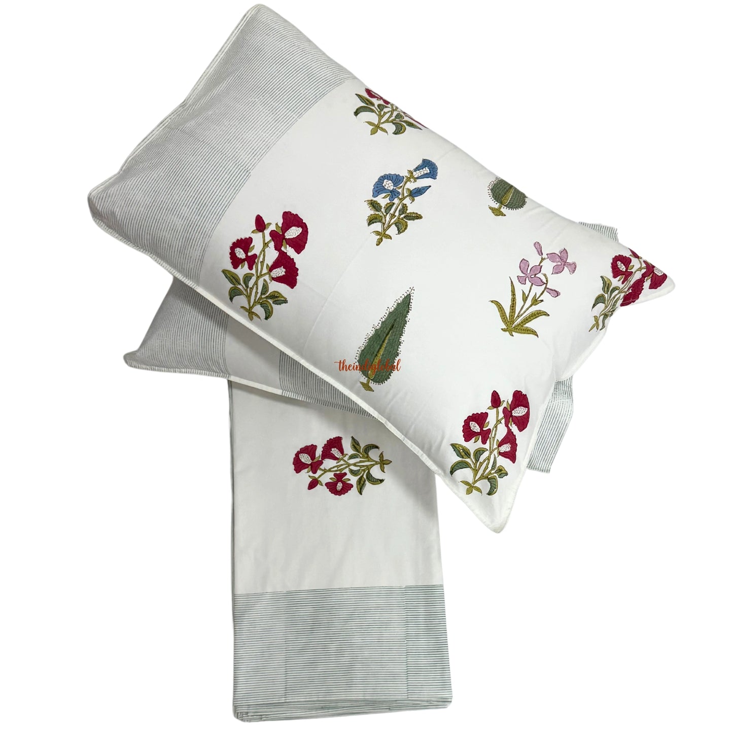 Ramya Hand Block Soft Cotton Bedsheet with 2 Pillow Covers 108*108 inches White