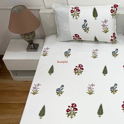 Ramya Hand Block Soft Cotton Bedsheet with 2 Pillow Covers 108*108 inches White