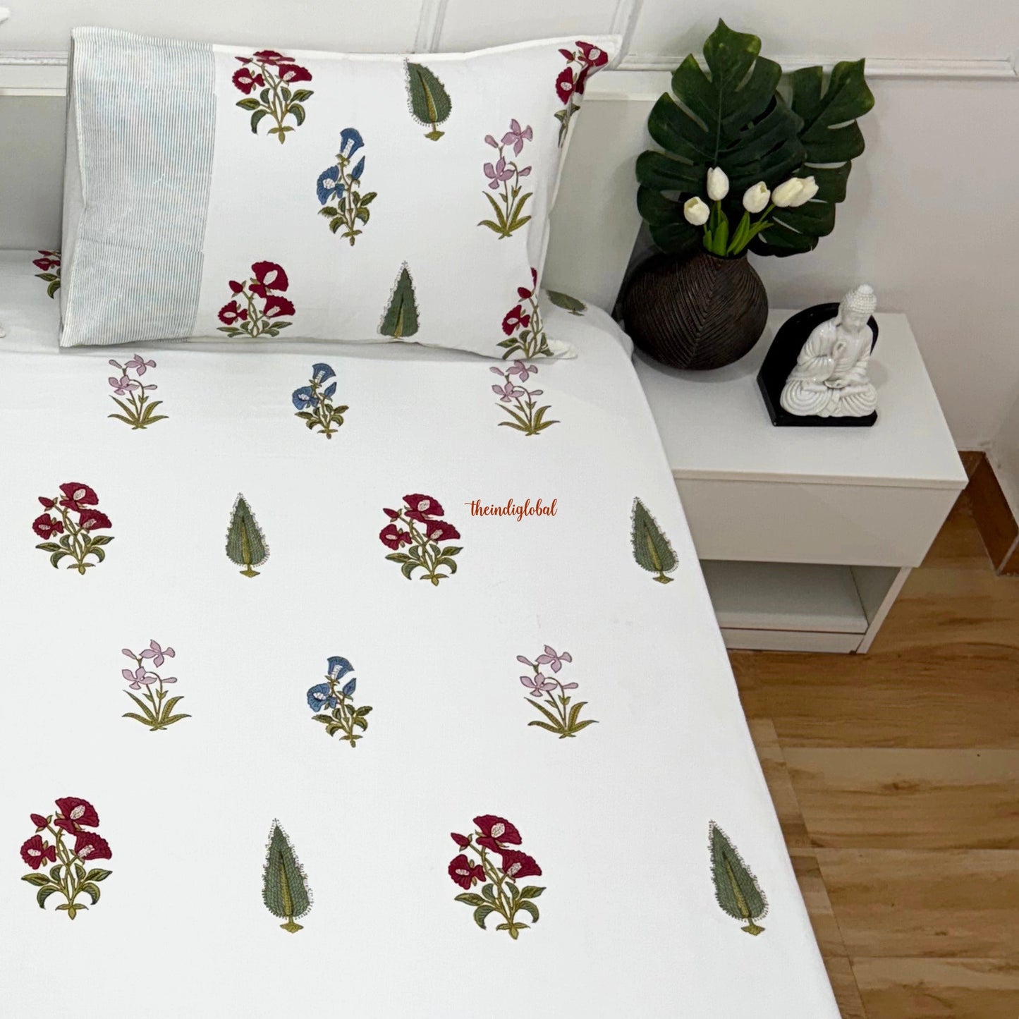 Ramya Hand Block Soft Cotton Bedsheet with 2 Pillow Covers 108*108 inches White