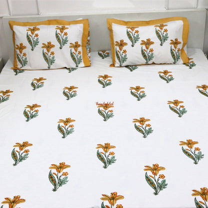 Ramya Hand Block Soft Cotton Bedsheet with 2 Pillow Covers 108*108 inches Yellow