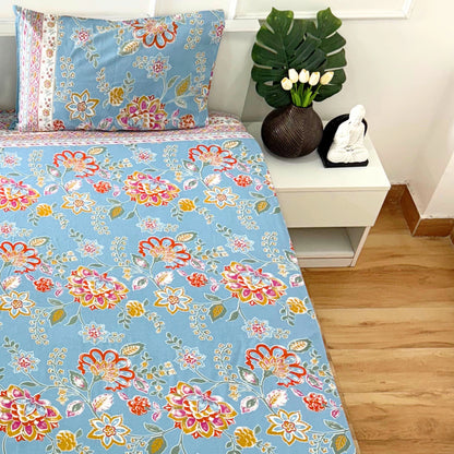 Homi Cotton Bedsheet for Super King Size Bed With Two Reversible Pillow Covers Sky Blue