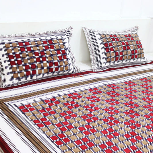 Hand Block Cotton Bedsheet with 2 Pillow Covers Double Bed size Red Brown