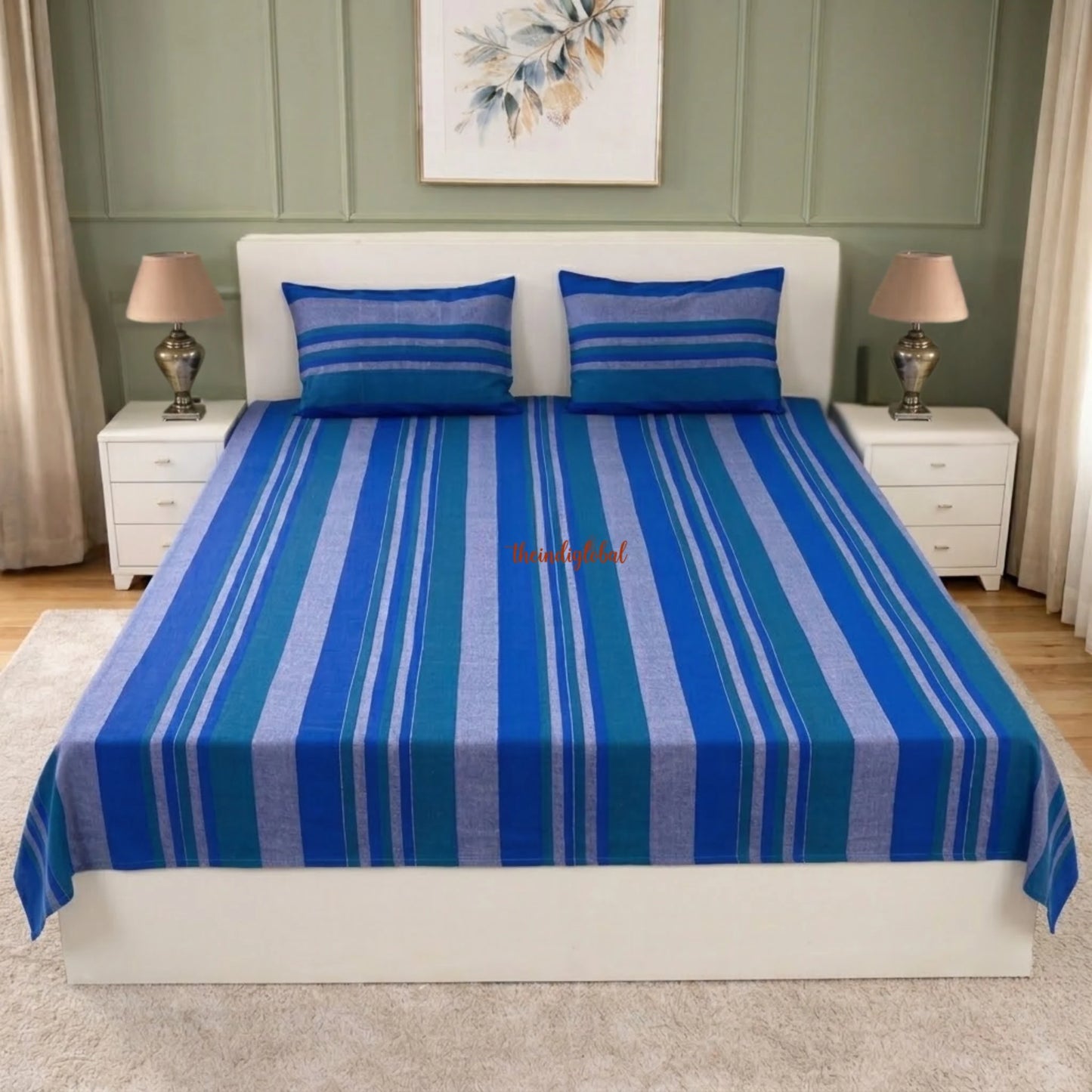 Handloom-Cotton-Bedsheet-with-Pillow-Covers-Blue-1