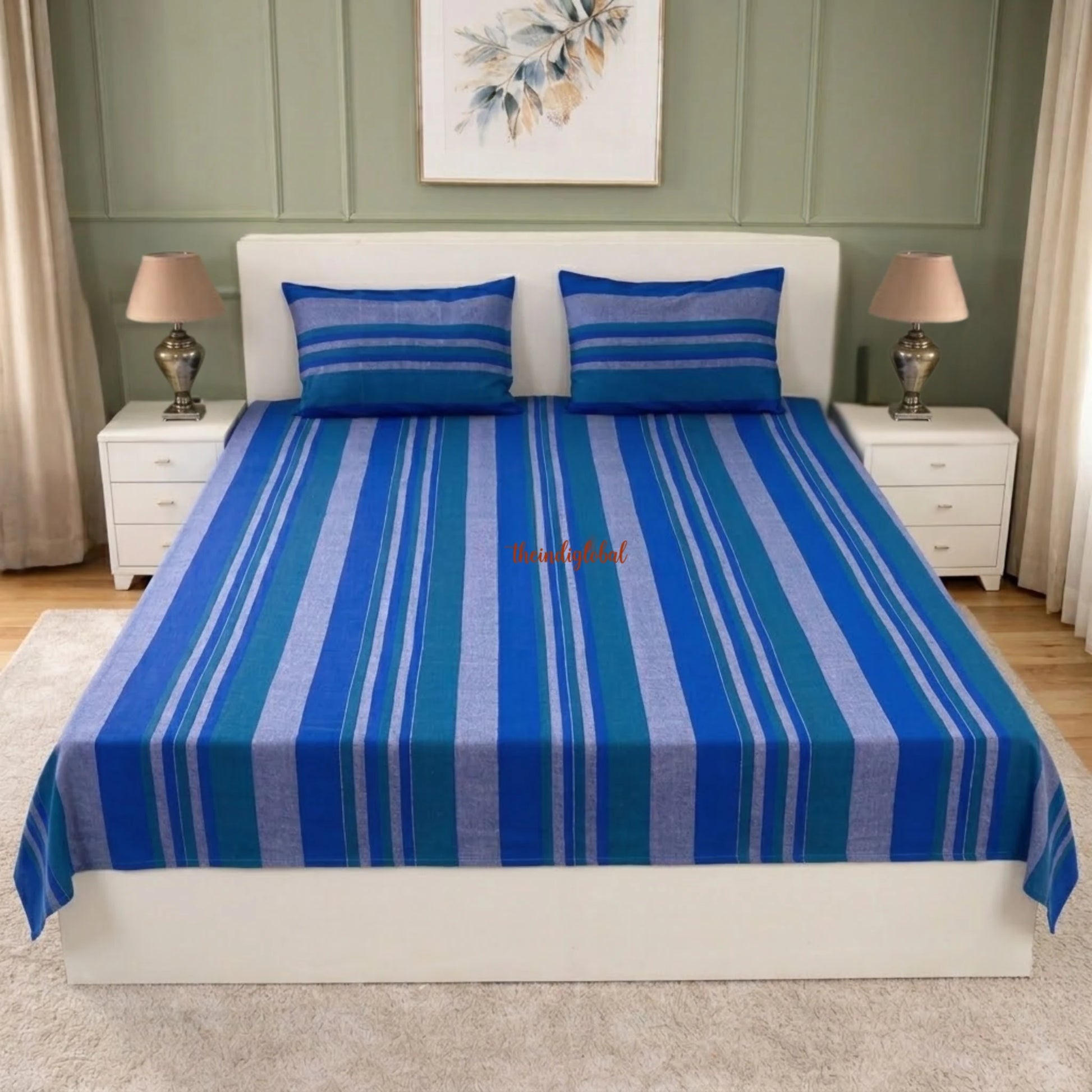 Handloom-Cotton-Bedsheet-with-Pillow-Covers-Blue-1