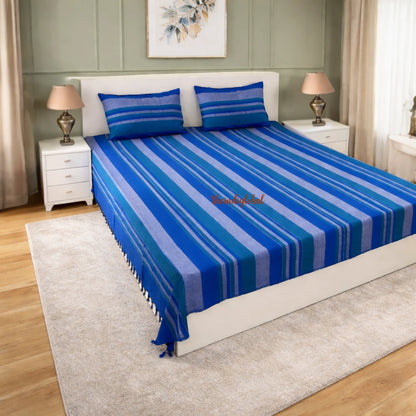 Handloom-Cotton-Bedsheet-with-Pillow-Covers-Blue