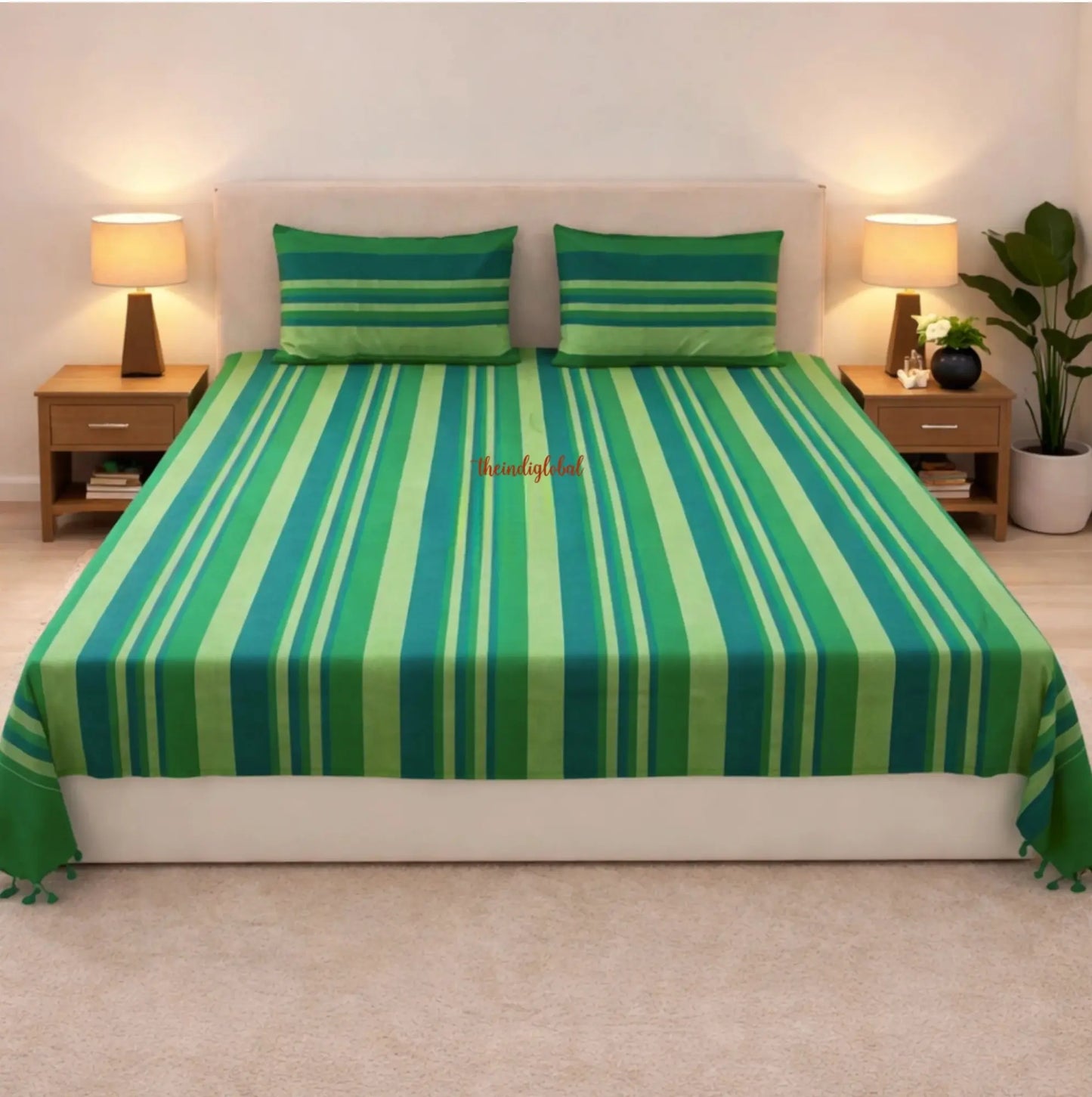 Handloom Cotton Bedsheet with Pillow Covers  Green