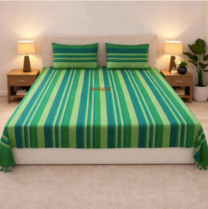 Handloom Cotton Bedsheet with Pillow Covers  Green