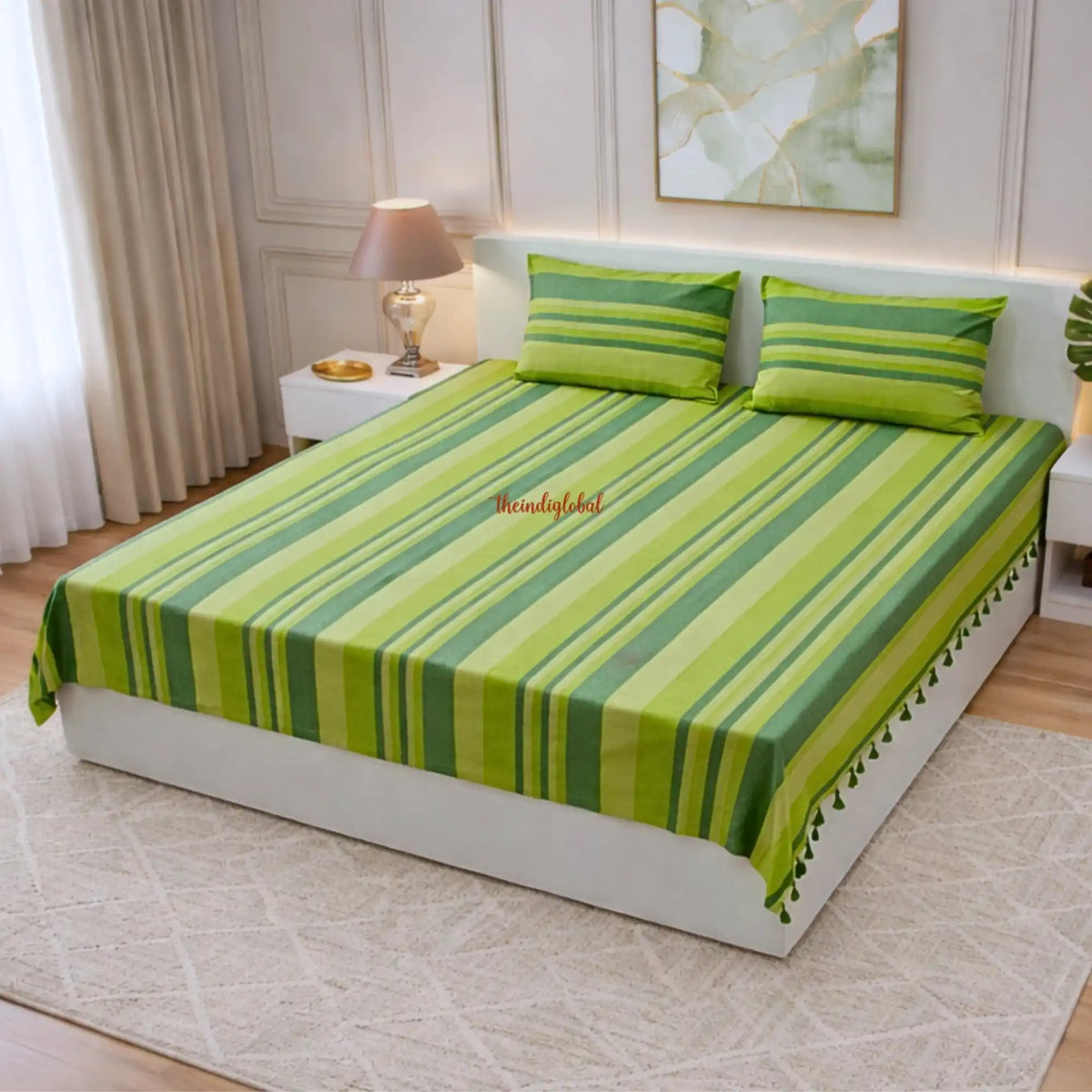 Handloom Cotton Bedsheet with Pillow Covers Mint Green