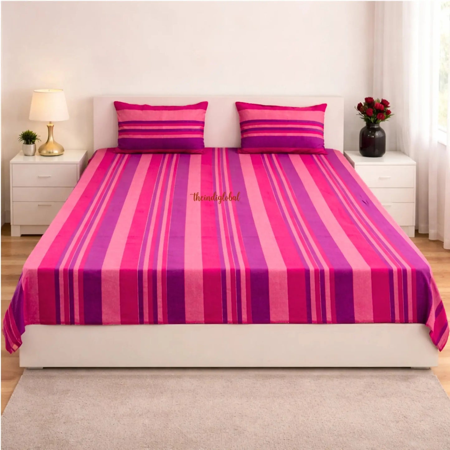 Handloom-Cotton-Bedsheet-with-Pillow-Covers-Pink-3