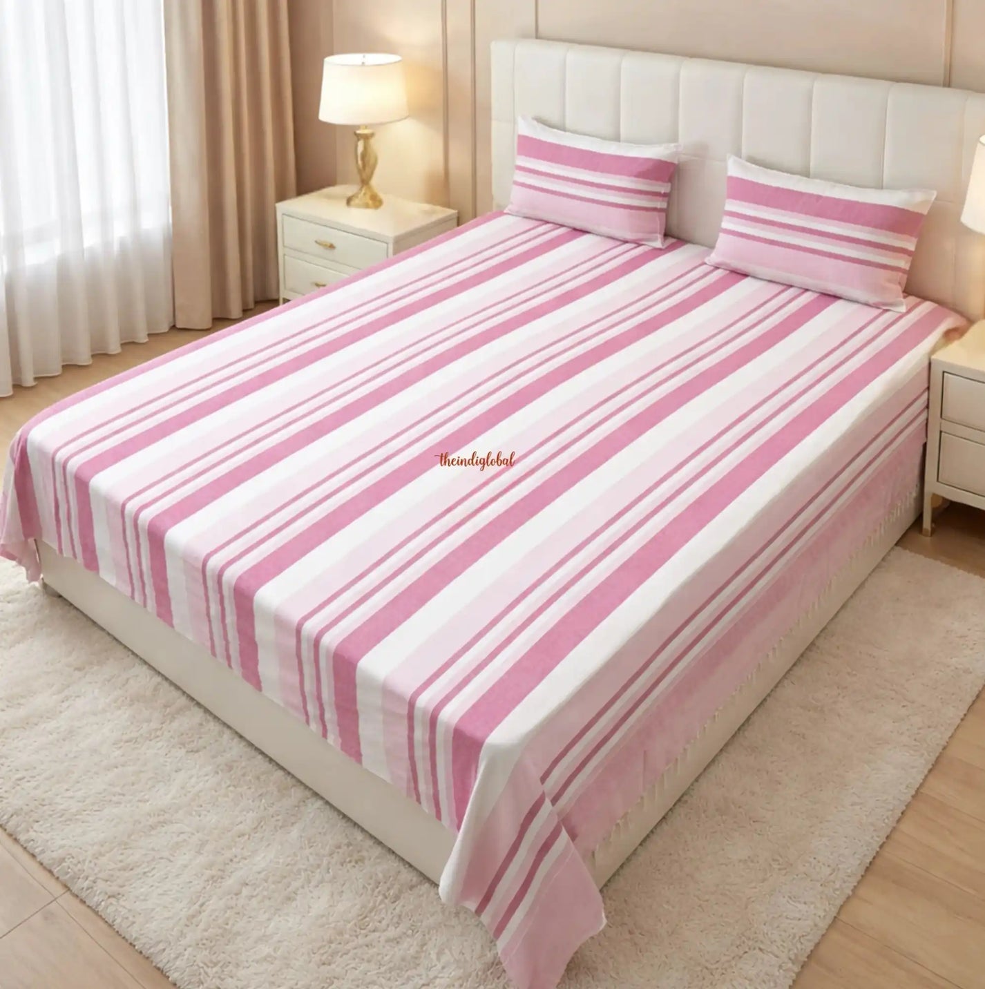 Handloom-Cotton-Bedsheet-with-Pillow-Covers-Pink-White-1