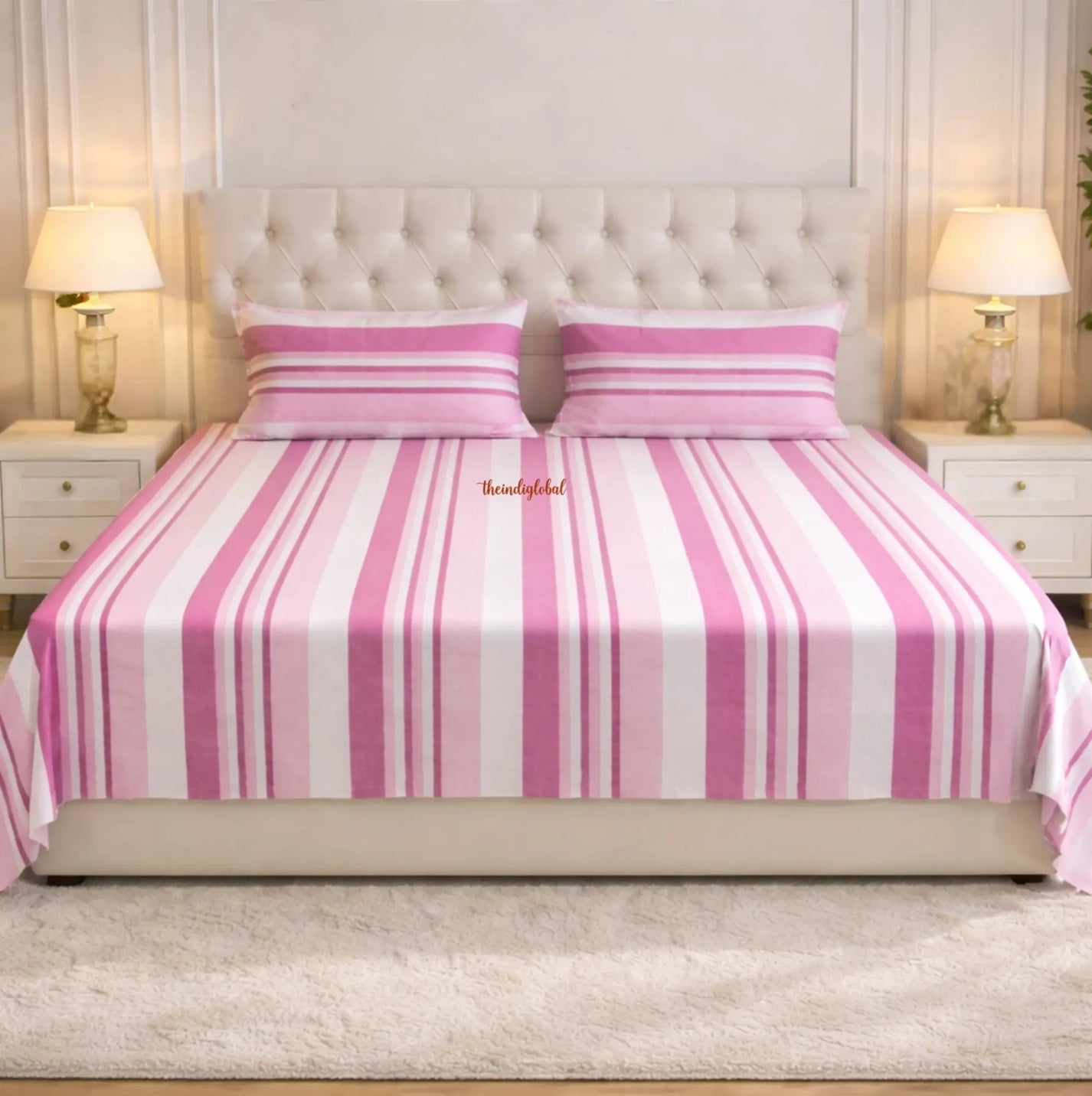 Handloom-Cotton-Bedsheet-with-Pillow-Covers-Pink-White-2