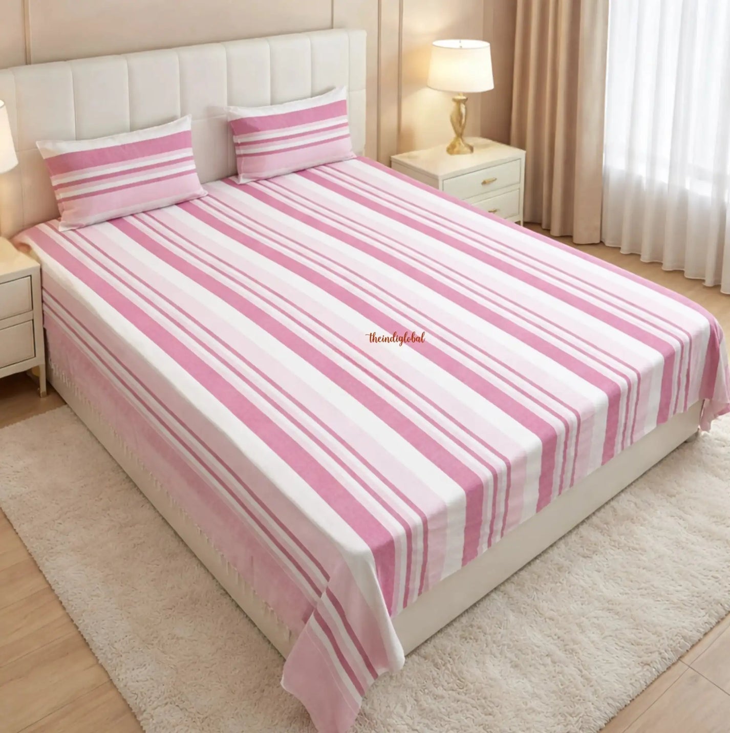 Handloom-Cotton-Bedsheet-with-Pillow-Covers-Pink-White