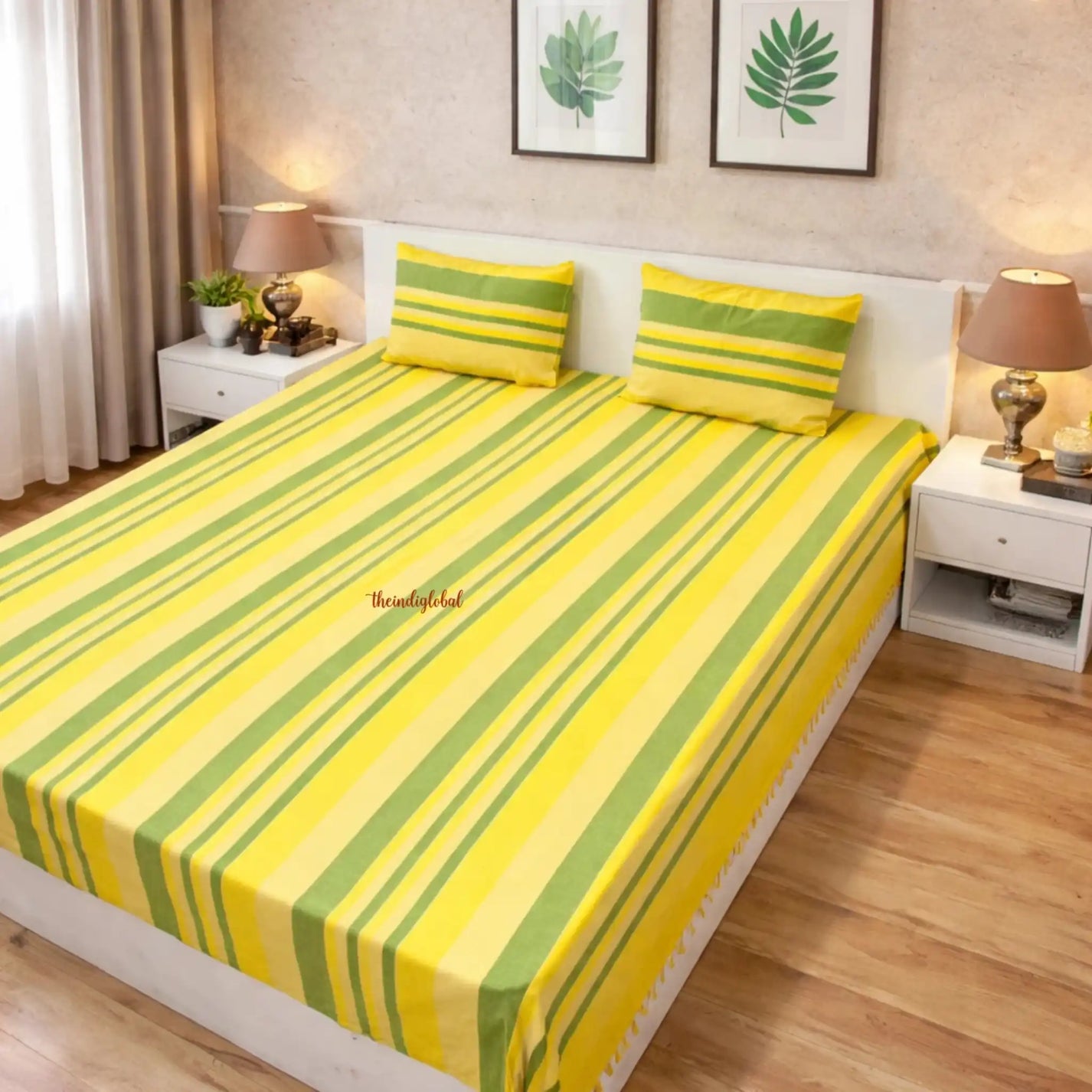 Handloom-Cotton-Bedsheet-with-Pillow-Covers-Yellow-Green-1