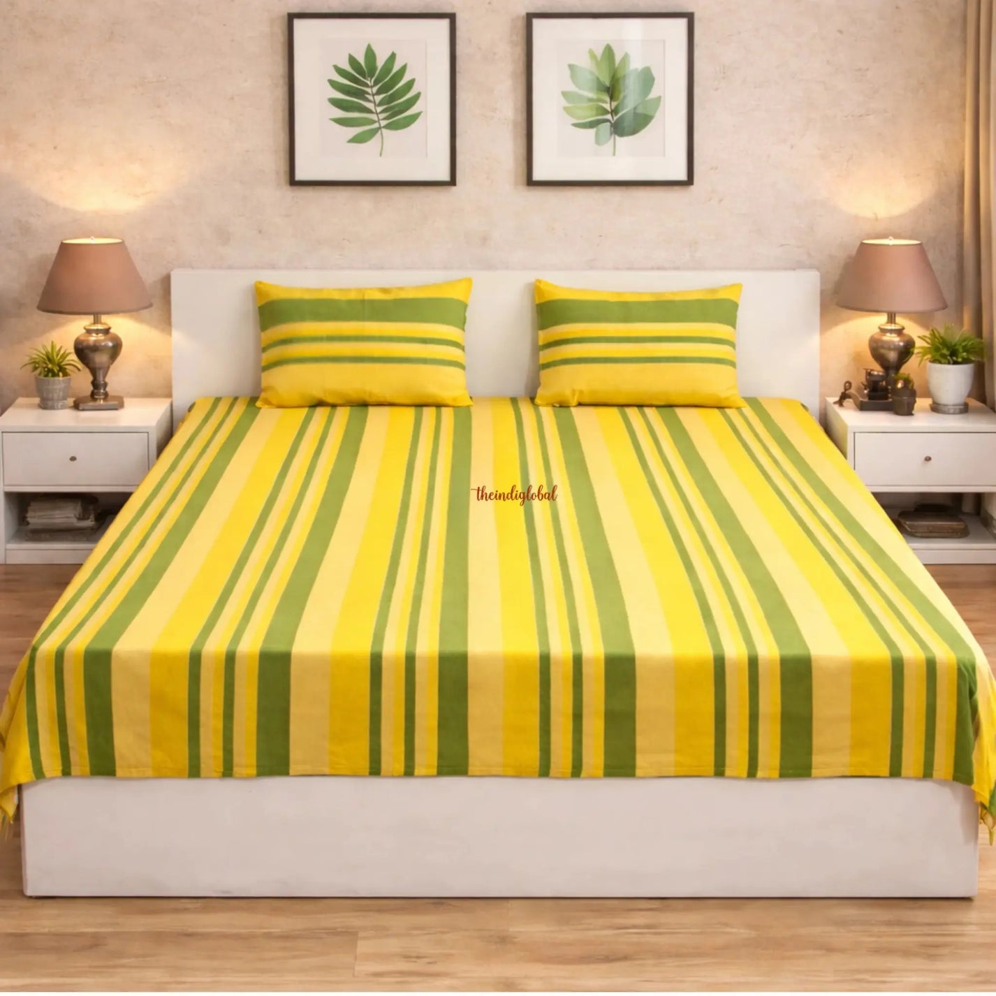 Handloom-Cotton-Bedsheet-with-Pillow-Covers-Yellow-Green-3
