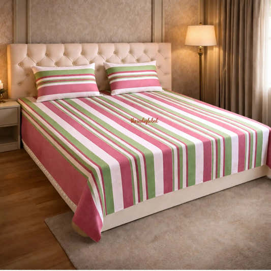 Handloom-Double-Bedsheet-with-Pillow-Covers-Pink-Green-1