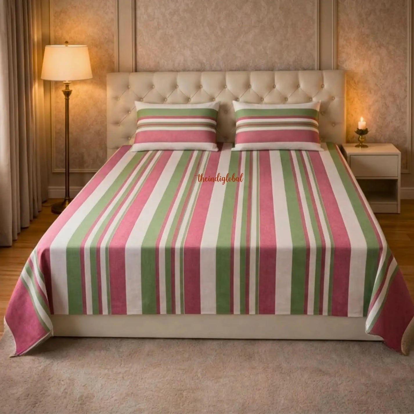 Handloom-Double-Bedsheet-with-Pillow-Covers-Pink-Green-2